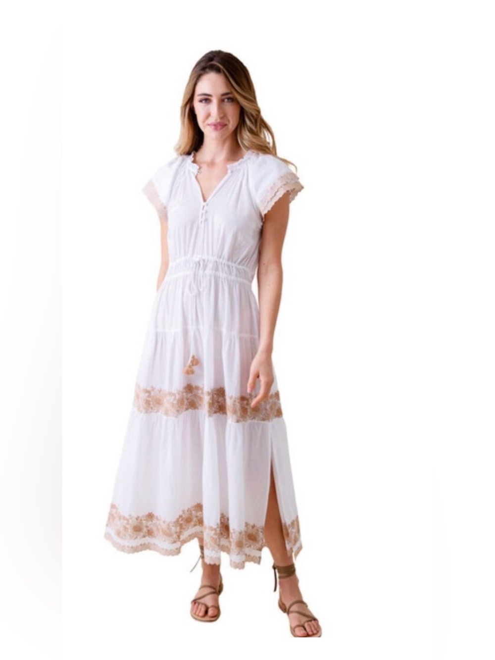 ‼️NWOT Omika Corinna White Lace-Trim Midi Dress with Tan Embroidery